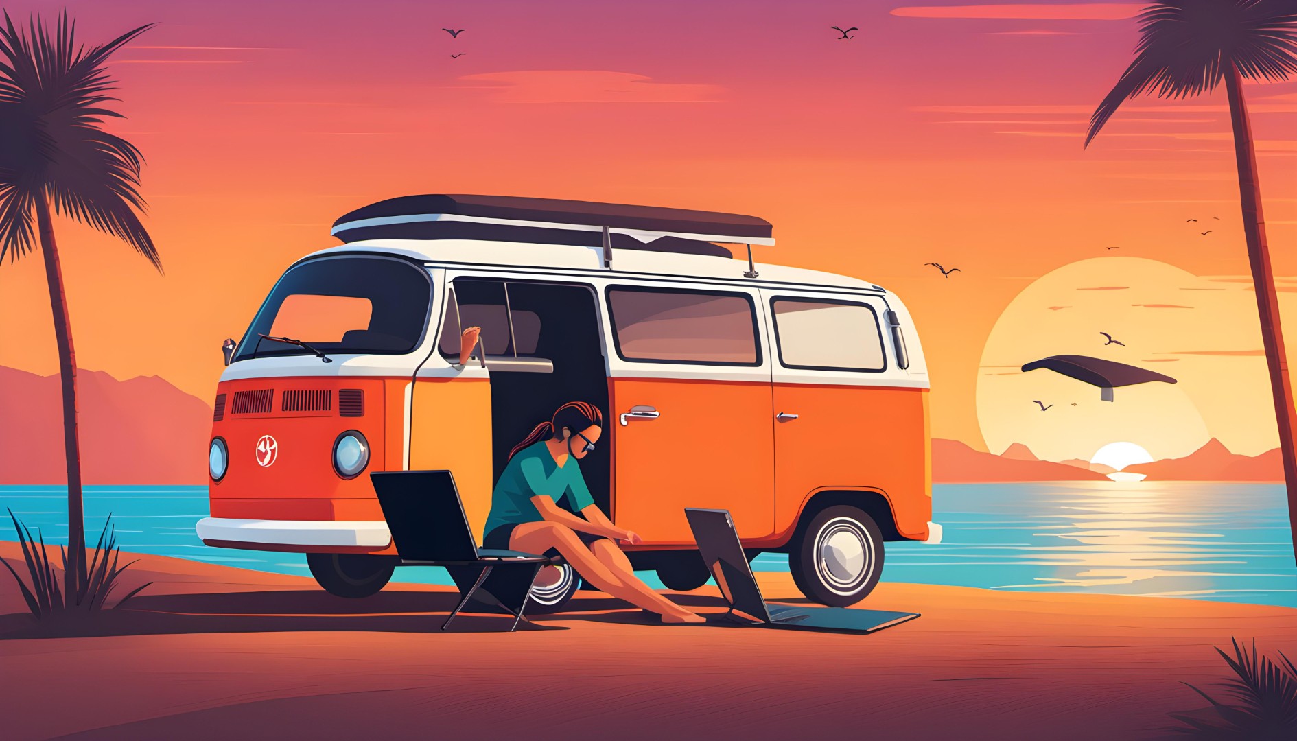 Creative Freelancer – Visualize the concept of remote work freedom — laptops on beaches, van life, cozy cafés
