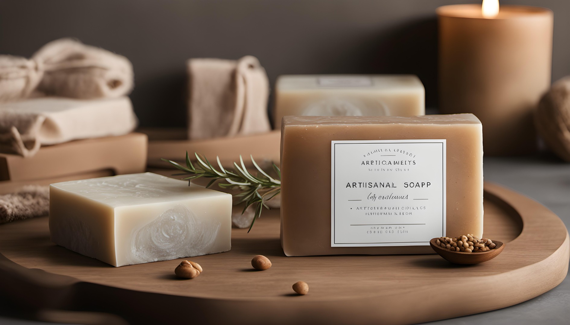 Art Director – Create a packaging mockup scene for artisanal soap in a natural, rustic bathroom setting
